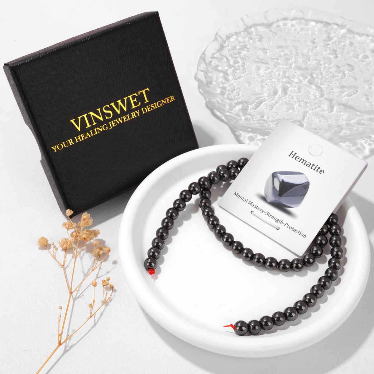 Vinswet 60pcs 6mm Hematite Natural Stone Beads Round Genuine Real Stone Beading Loose Gemstones DIY Smooth Bead for Bracelet Necklace Earrings Jewelry Making