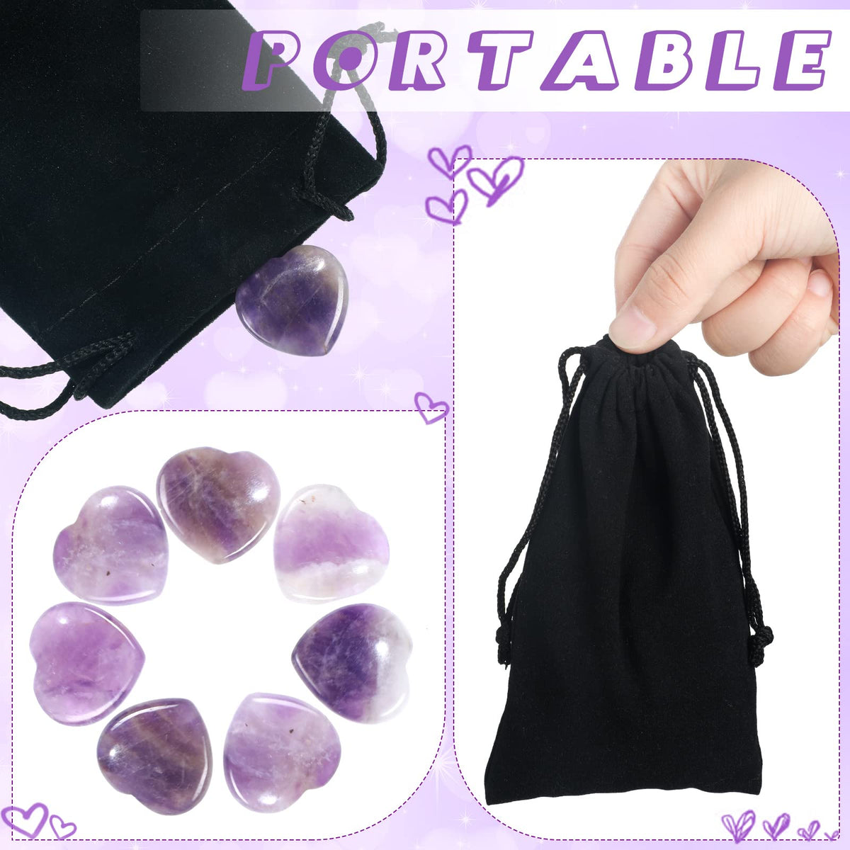 Patelai 24 Pcs Amethyst Heart Crystals Purple Heart Shaped Stones Natural Healing Worry Stones Mini Pocket Gemstone with Black Flannelette Bag for Valentines Gift Reiki Balancing