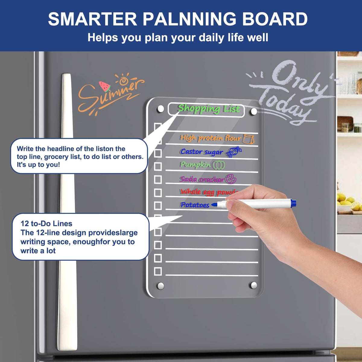 2 Pcs Acrylic Magnetic Dry Erase Board for Fridge, 12"X6" Clear Magnetic to Do List White Board, Acrylic Dry Erase to Do List for Refrigerator, Magnet Whiteboard with 6 Markers
