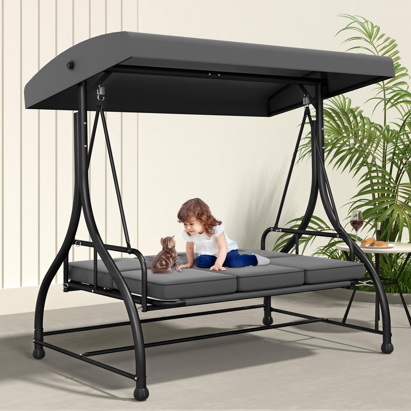 3-Seat Outdoor Porch Swing Glider with Adjustable Canopy, Patio Swings Bed with Removable Cushion for Porch, Backyard, Garden, Poolside, Balcony - Gray