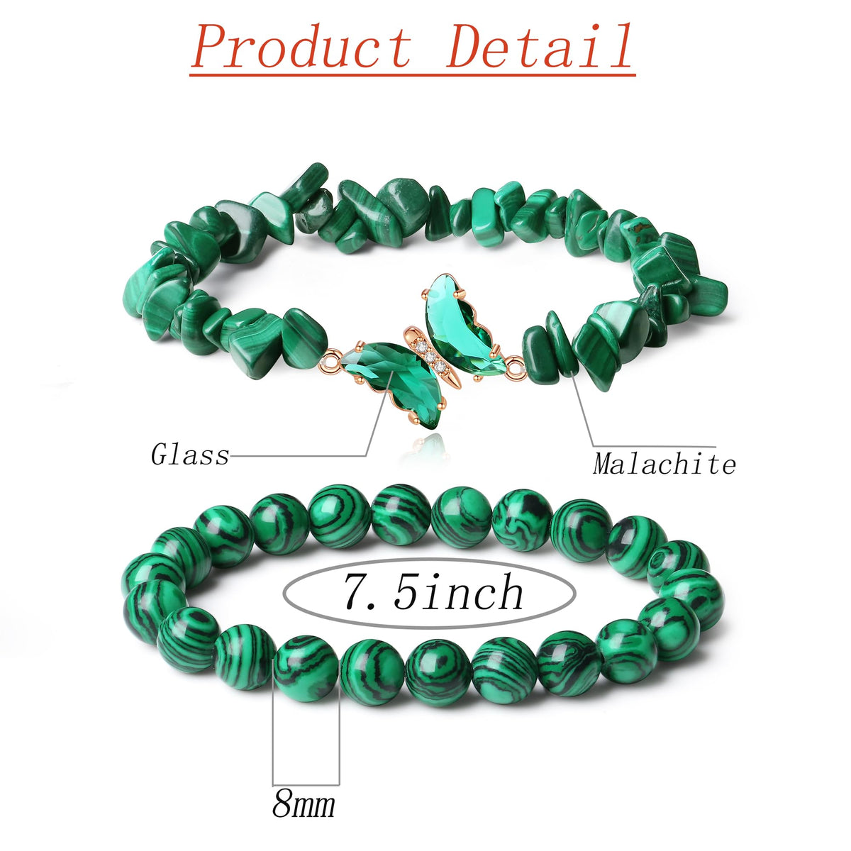 DUQGUHO 2Pcs Malachite Bracelets Green Bracelets for Women Butterfly Bracelets for Women Gemstone Bead Jewelry Healing Crystals Bracelets Stretch 8mm Crystal Beaded Jewelry Gifts for Women