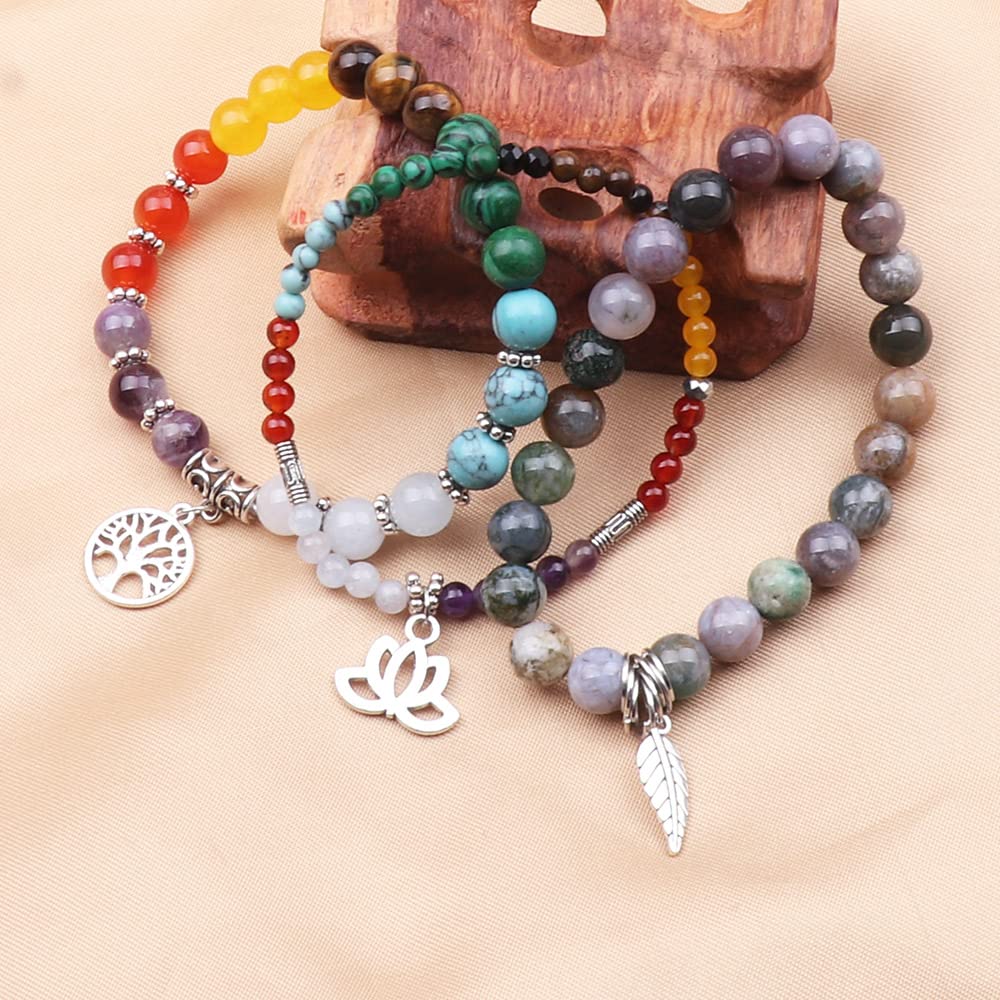 UEUC Natural Gemstone Chakra Bracelets for Women, Multilayer Tree of Life Lotus Crystal Healing Stone Bracelet Sets, Yoga Meditation Reiki Relax Bracelets for Stress Relief(#77)