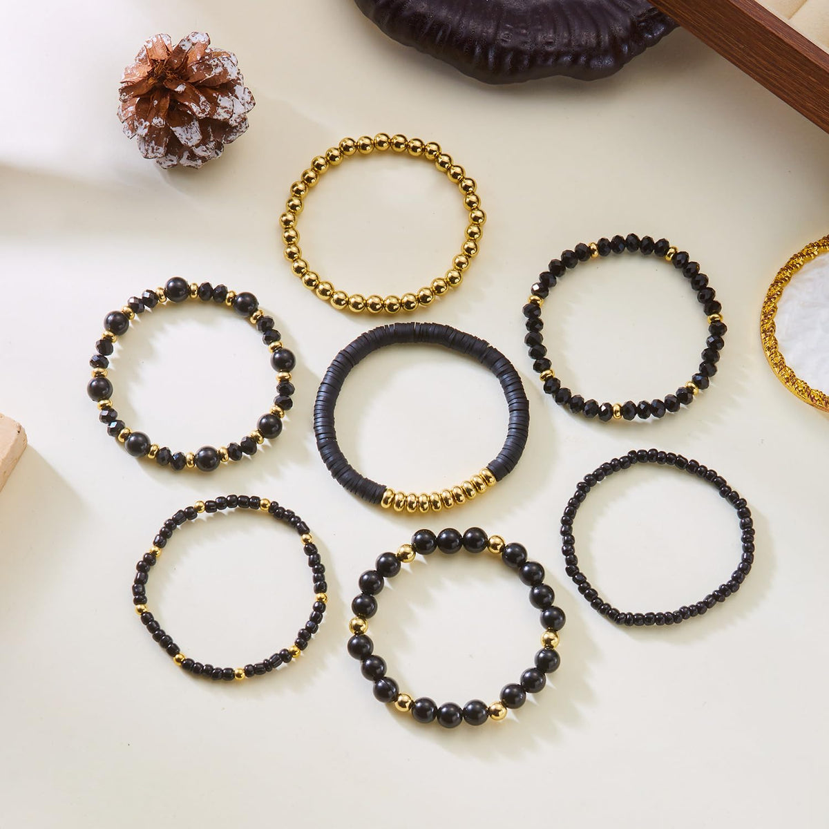 LOTSOF Boho Multilayer Beaded Bracelets Set for Women - Vintage Gold & Brown Stackable Stretch Bracelets, Bohemian Handmade Jewelry for Daily Style & Gifting (Black)