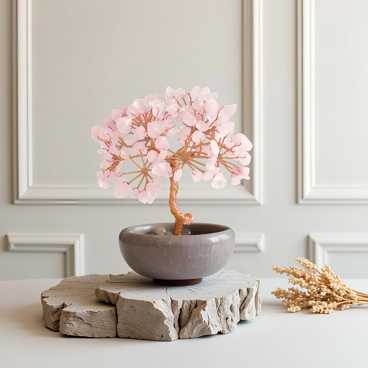 Rose Quartz Tree of Life Crystal Decor, Healing Gem Tree for Home Office Crystal Tree with Rose Quartz Base Pink Gemstone Tree of Life Decor