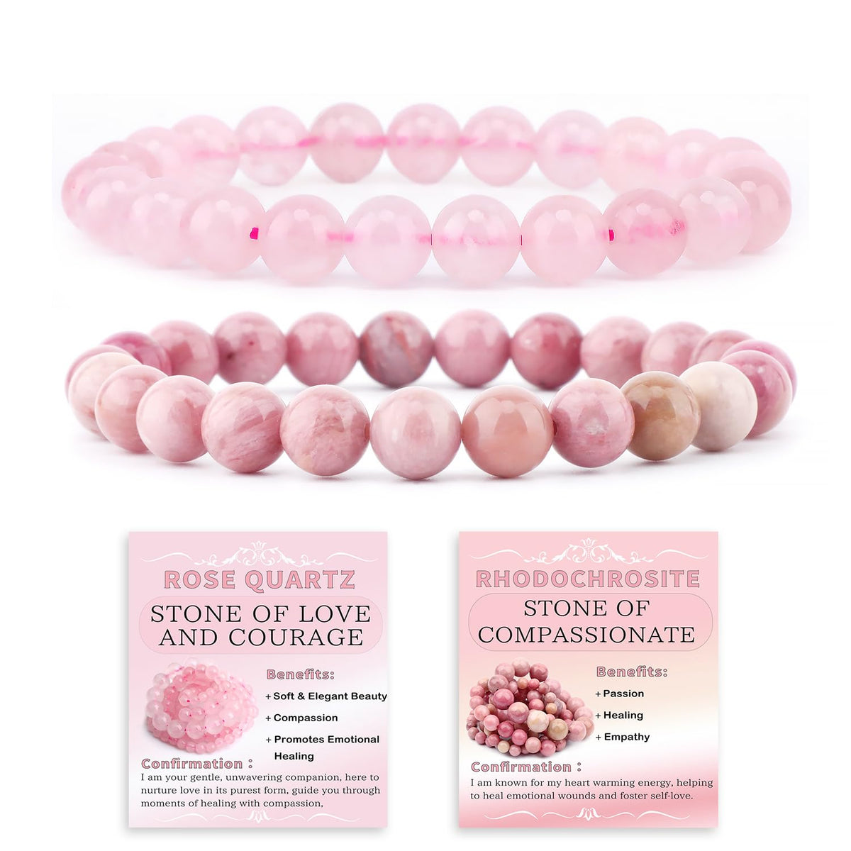 NCB 2-Piece 8mm Natural Crystal Gemstone Stretch Bracelets – ﻿Pink Quartz, Rhodochrosite Handmade Reiki Energy Healing Jewelry for Meditation,Yoga, Unisex