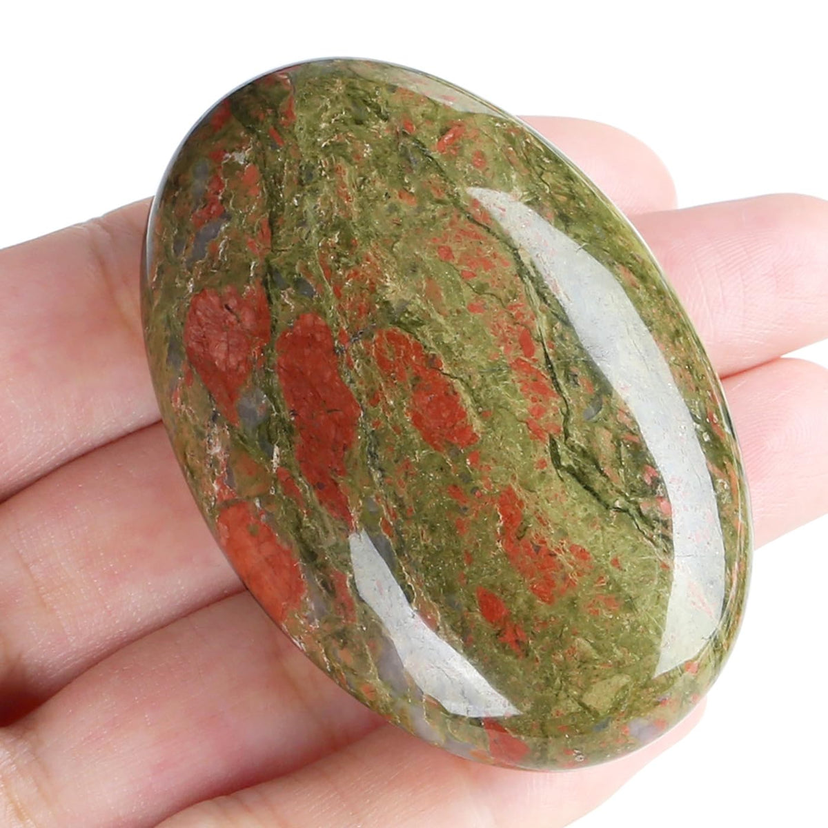 MAIBAOTA 2.4" Large Unakite Crystal Stone Polished Palm Stone Healing Crystals 0.7" Thick Natural Reiki Gemstone Worry Stone Energy Balancing Anxiety Stress Relief Meditation 1 Pc