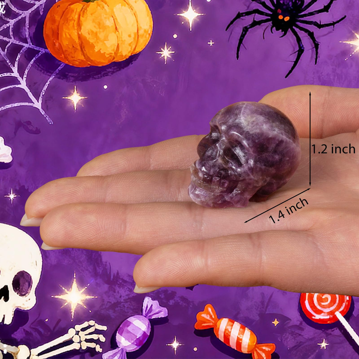 Hguxmcu Amethyst Crystal Skull, 1.4 Inch Miniature Hand Carved Reiki Healing Pocket Stone, Small Collectible Skull Figurine for Altar Home Office Decor, Crystal Statue Meditation Gift for Men Women