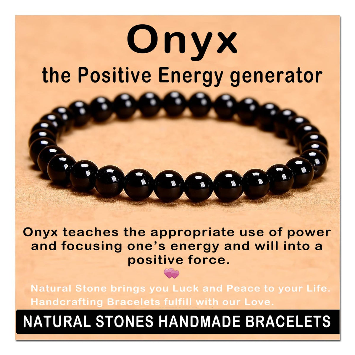 AD Beads Handmade Gemstone Stretch Elastic Bracelet Crystal Healing Reiki Nature's Beauty and Spiritual Essence Unisex (6mm, Black Onyx)