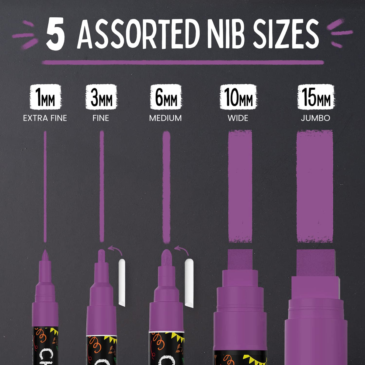 5 Purple Chalkboard Chalk Pens - Purple Dry Erase Markers for Blackboard, Chalkboard Signs, Windows, Glass | Variety Pack - Fine & Jumbo Size Ink Pen (1mm, 3mm, 6mm, 10mm, 15mm)