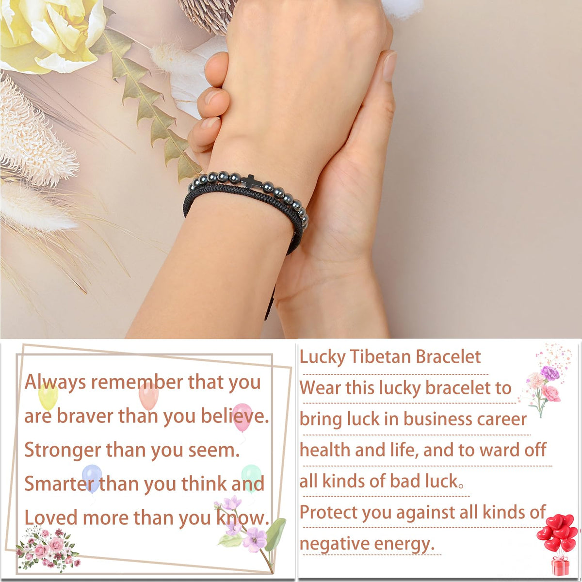LPBeads 6mm Hematite Cross Bracelet with Handmade Rope Bracelet Size Adjustable Natural Stone Crystal Healing Bracelets Gifts for Unisex Adults