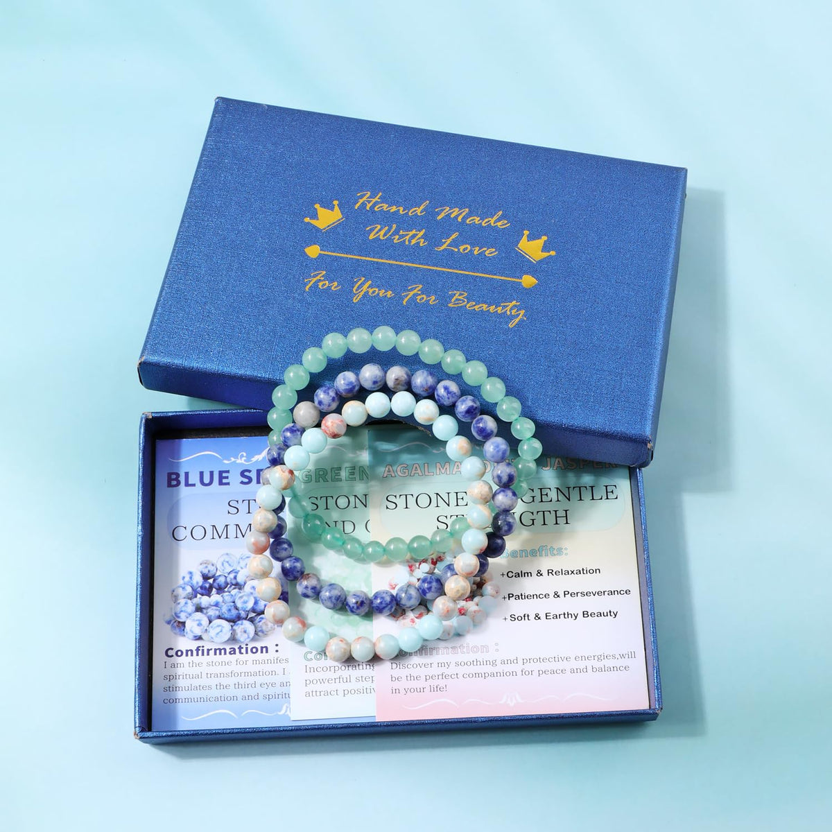NCB 3-Piece 6mm Natural Crystal Gemstone Stretch Bracelets – ﻿Agalmatolite Jasper, Blue Spot, Green Aventurine Handmade Reiki Energy Healing Jewelry for Meditation,Yoga, Unisex