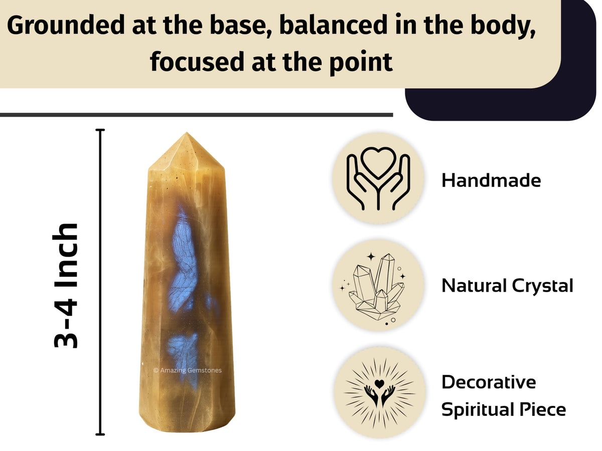 Amazing Gemstone Sun Moonstone Crystal Towers - Natural Healing Crystal Point Obelisk for Reiki Healing and Crystal Grid (3" to 4" INCH)