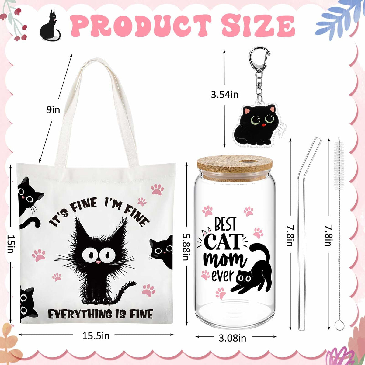 Paterr 4 Pcs Black Cat Gifts for Women, Mother's Day Black Cat Lover Gift for Mom Birthday Decorations, with Canvas Tote Bag 16oz Glass Coffee Cup with Straw Socks Cute Keychain