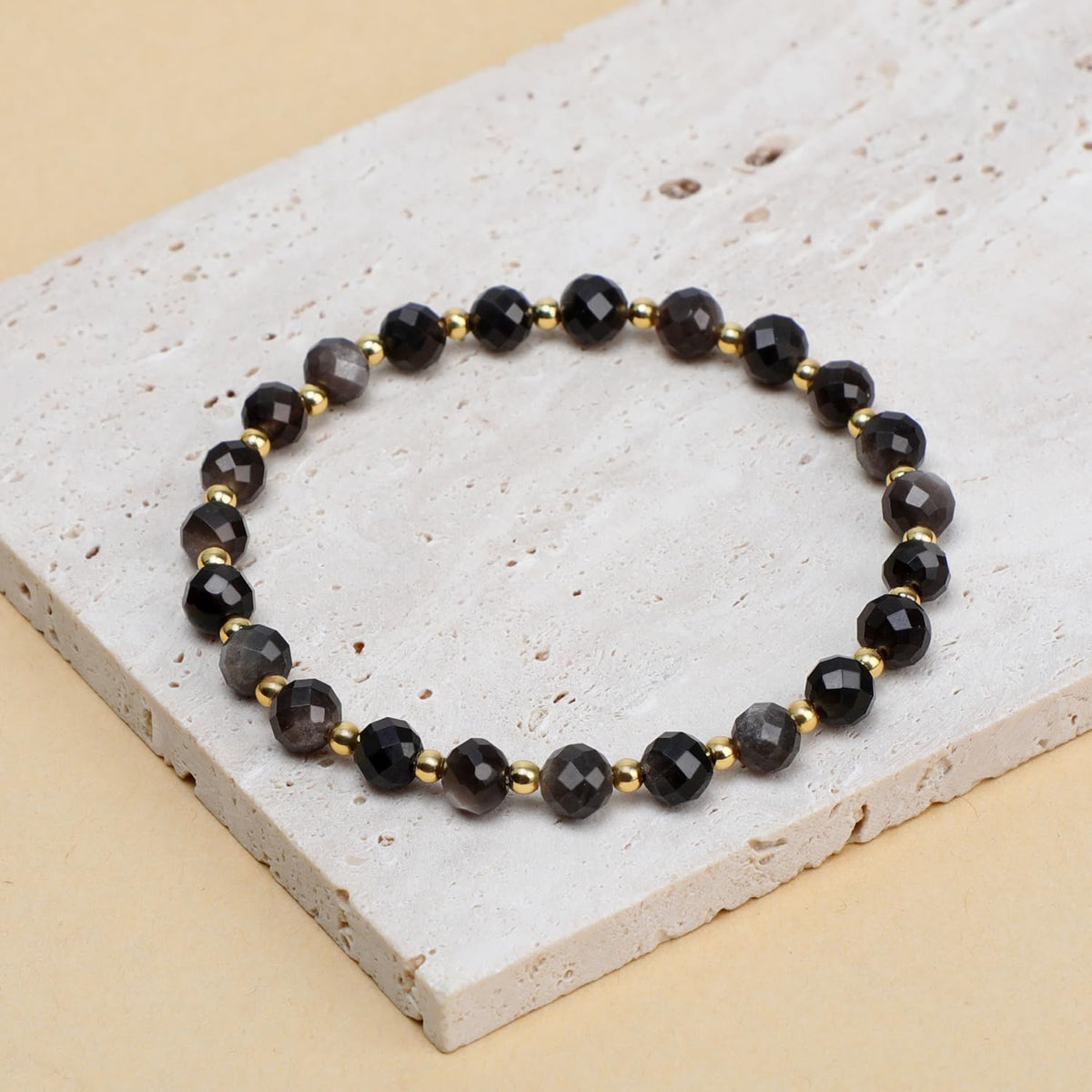 QOGIR Silver Obsidian - Fortune and Strength - 14K Gold Plated Beads Natural Gemstone Stretch Elastic Dainty Healing Beaded Bracelets Gifts 6mm