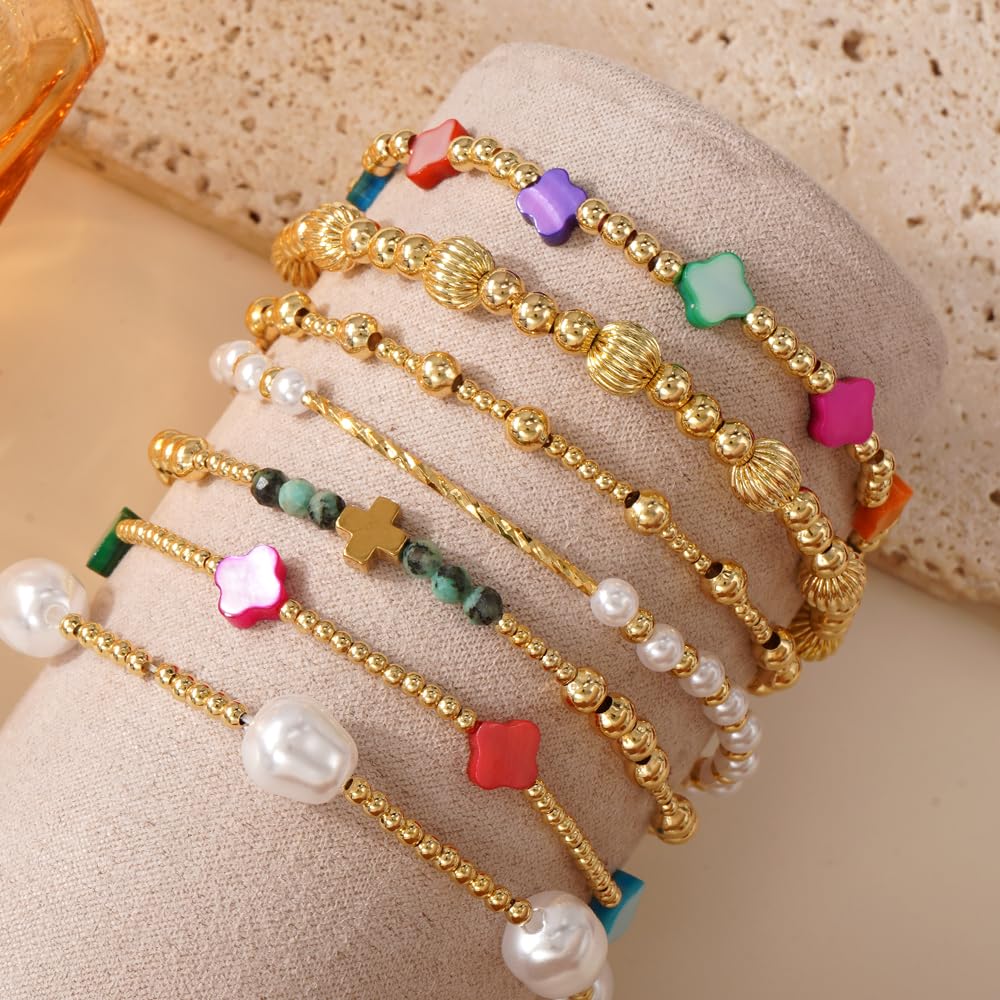 SHINUS BOHO 14K Gold Beaded Colorful Clover Bracelets Stack for Women,7PCS Bohemian Cross Pearl Beads Stackable Stretch Bracelet Set Fashion Birthday Prom Jewelry Accessories Gift Friendship Sister