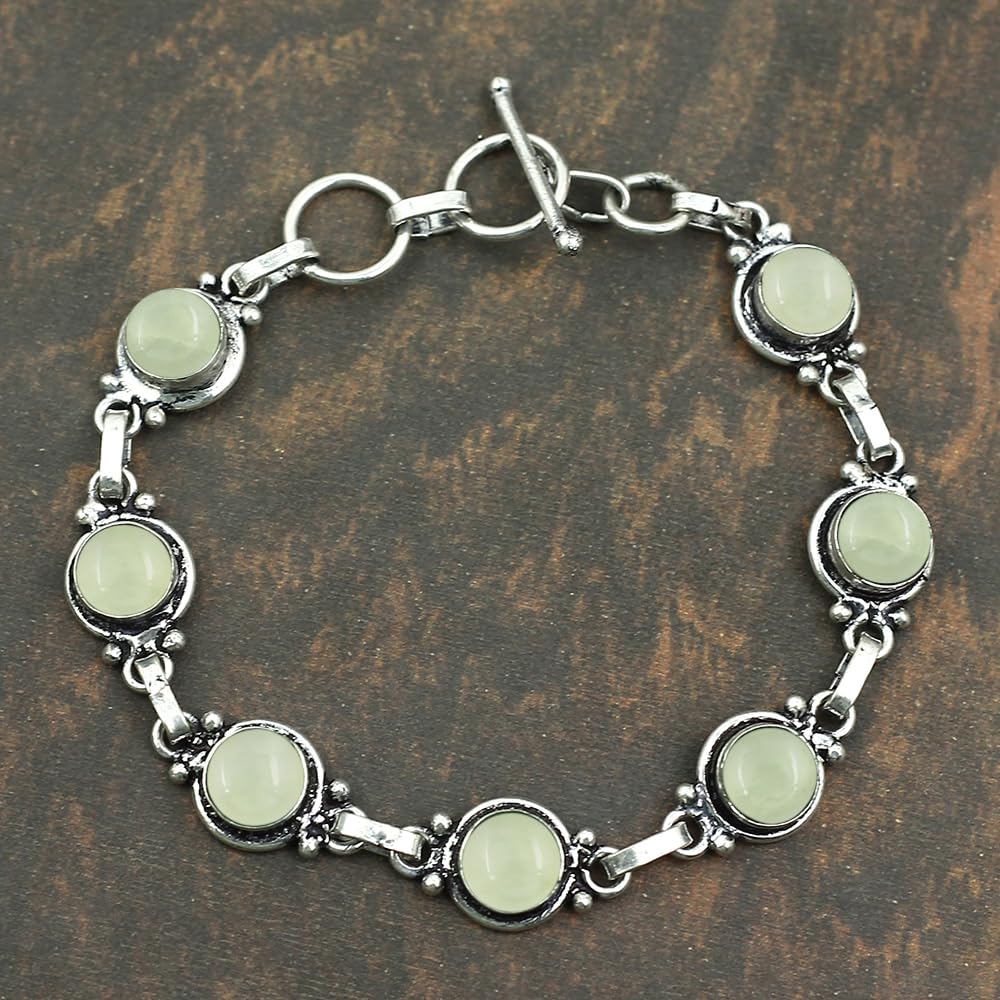 Natural Prehnite 925 Silver Plated Handmade Link Bracelet for Women - Round Gemstones Vintage Style Adjustable Bracelet Women Jewelry Gifts for Wedding Christmas Valentine's Day