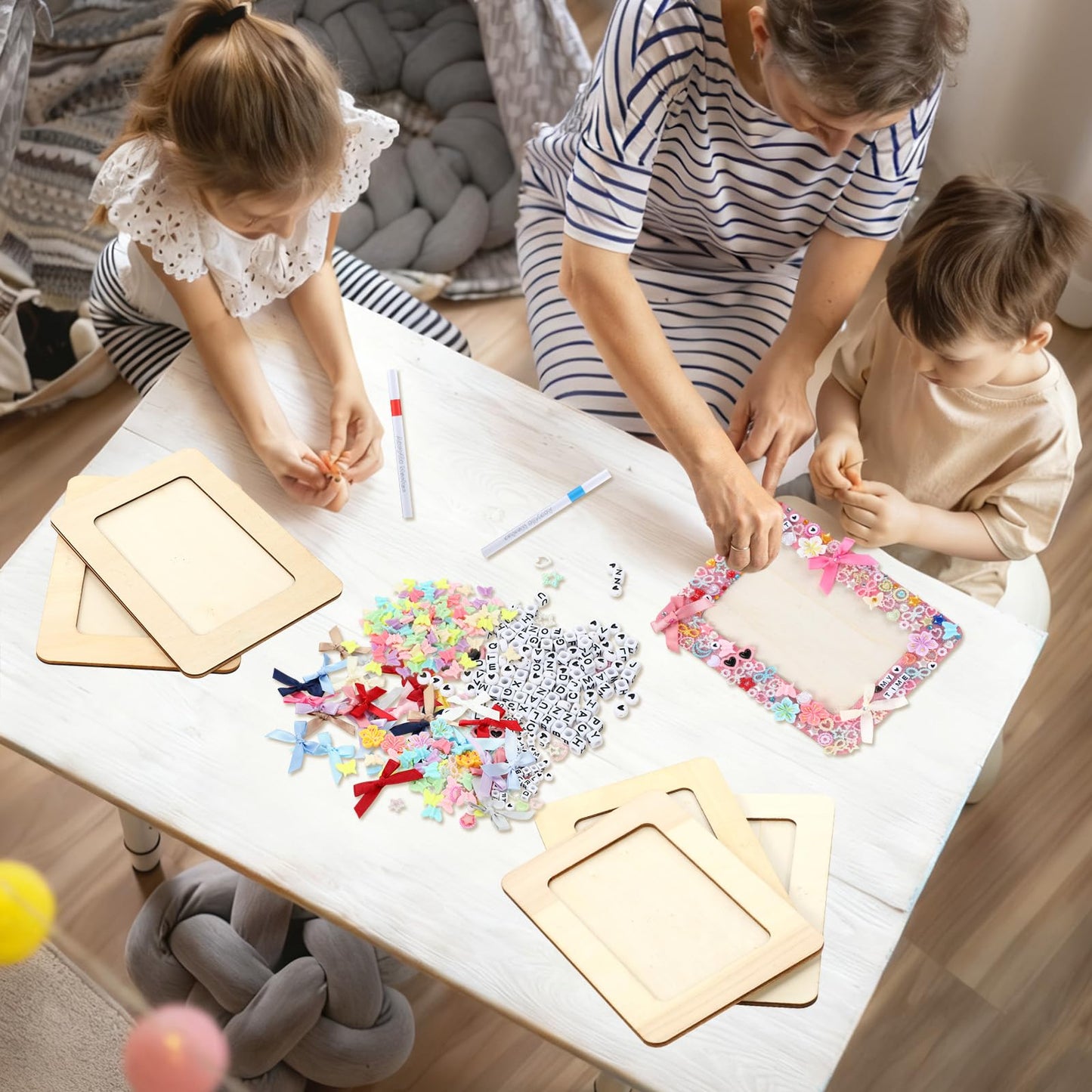 Suncalla DIY Wooden Picture Frames Craft Kit 4 x 6 Inch Wooden Picture Frames with Acrylic Pens Beads Mini Charms Gem Stickers Glitter for Crafts Graduation Birthday Wedding(10 Pcs,Rectangular Shape)