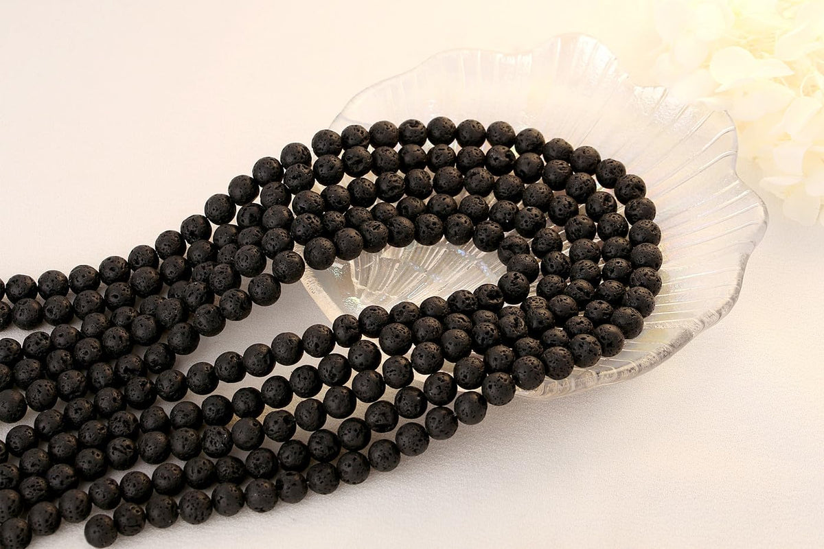 QINJIEJIE 100PCS Black Volcanic Lava Beads 8mm Natural Stone Beads Round Loose Gemstone Bead for Bracelet Beading Crystal Jewelry Making DIY Necklace Earrings 0.32"