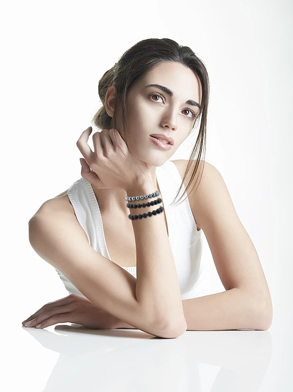 NCB 3-Piece 8mm Natural Crystal Gemstone Stretch Bracelets – ﻿Black Onyx, Hematite, Matte Black Agate Handmade Reiki Energy Healing Jewelry for Meditation,Yoga, Unisex