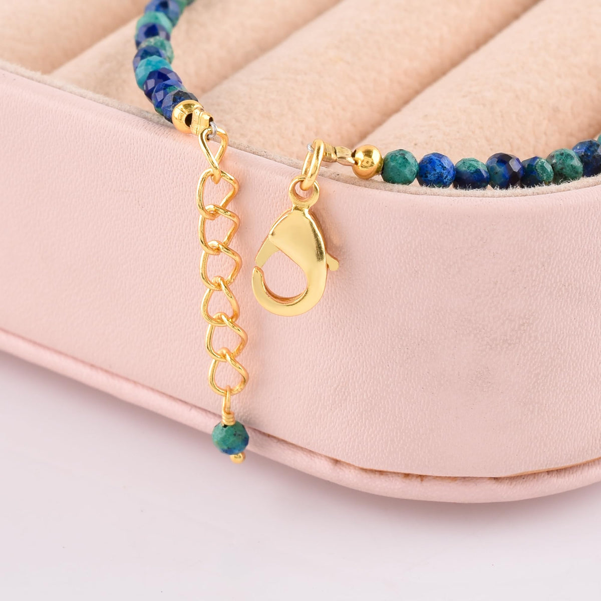 Natural Azurite Gemstone Micro Beads Dainty Bracelet Jewelry for Women, Chakra Energy Crystals, 14k Gold Plated Chain 8 inch Adjustable