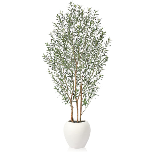 VeriNatural Artificial Olive Tree, 8FT Tall, Faux Olive Trees with Natural Wood Trunk & Lifelike Fruits, Indoor, White Tall Planter, Home Balcony Office Living Room Decor