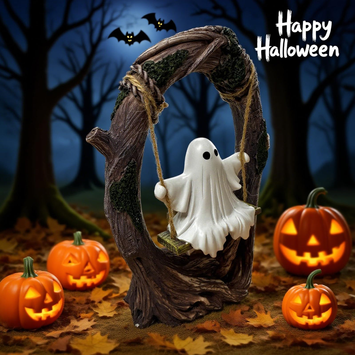 T Starlight Bright Q Swinging Ghost on Tree Swing, Cute Swinging Ghost Halloween Figurine Indoor Decoration, Desktop & Bookshelf Decor, Outdoor Courtyard Garden Decoration, Halloween Ghost Gift