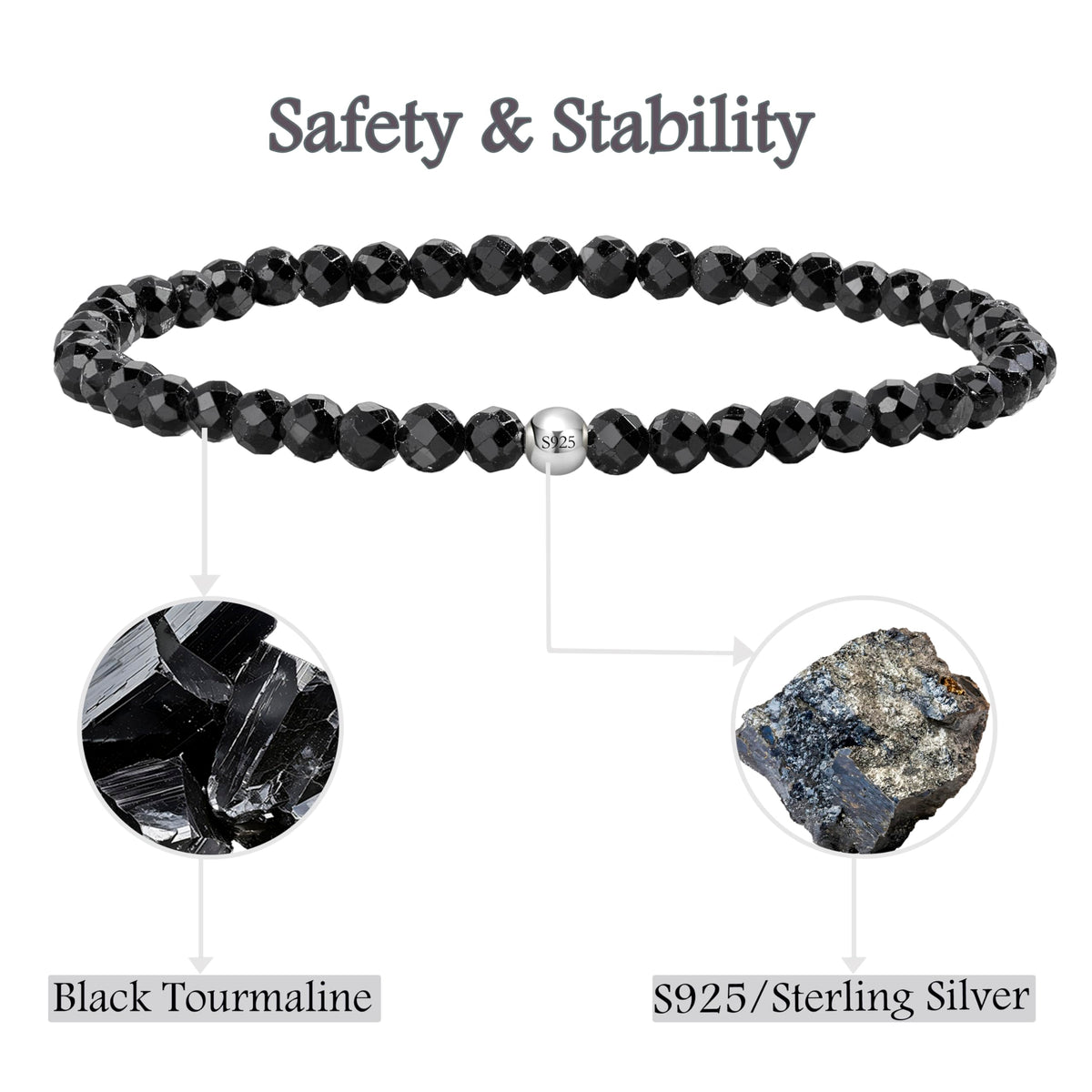 Farfume Black Tourmaline - Safety & Stability - Beaded Bracelets for Women,Handmade Natural Stone 4mm Beads 925 Sterling Silver Stretch Bracelets, Chakra Crystal Gemstone Jewelry Gifts for Mom