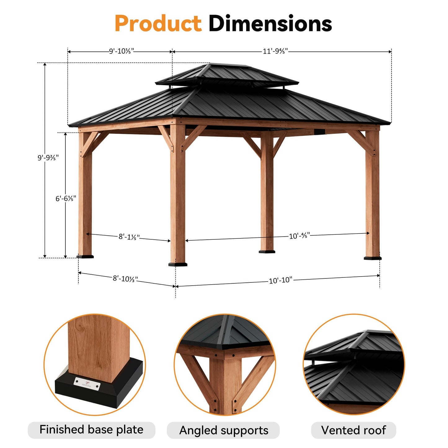 Modern Shade Rosewood Wood Gazebo 10' x 12', Hardtop Gazebo Permanent with Double Galvanized Steel Roof, Cedar Outdoor Gazebo with Sturdy Hooks for Garden, Backyard, Patio, and Deck