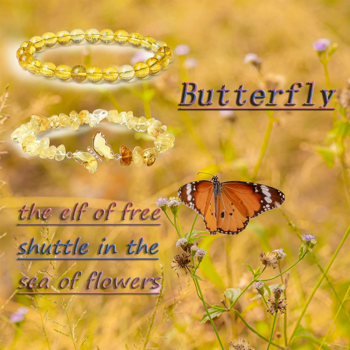 DUQGUHO Citrine Crystal Bracelets for Women Healing Yellow Bracelets 8mm Citrine Beaded Bracelets for Women Butterfly Charm Stretch Bracelets Yellow Jewelry Butterfly Gifts for Women 2PCS