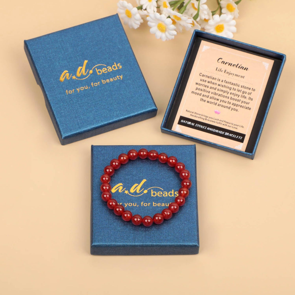 AD Beads Handmade Gemstone Stretch Elastic Bracelet Crystal Healing Reiki Nature's Beauty and Spiritual Essence Unisex (4mm, Carnelian (Life Enjoyment))