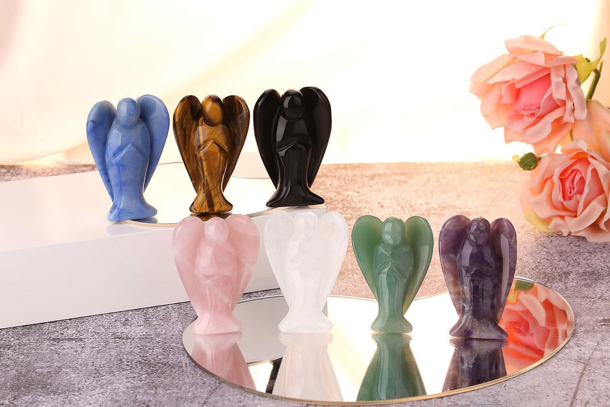 QINJIEJIE 3" Blue Aventurine Crystal Angel Decor Healing Guardian Angel Stone Figurine Natural Gemstone Polished Pocket Big Peace Statue Room Desk Office Decorations Meditation Gift for Women