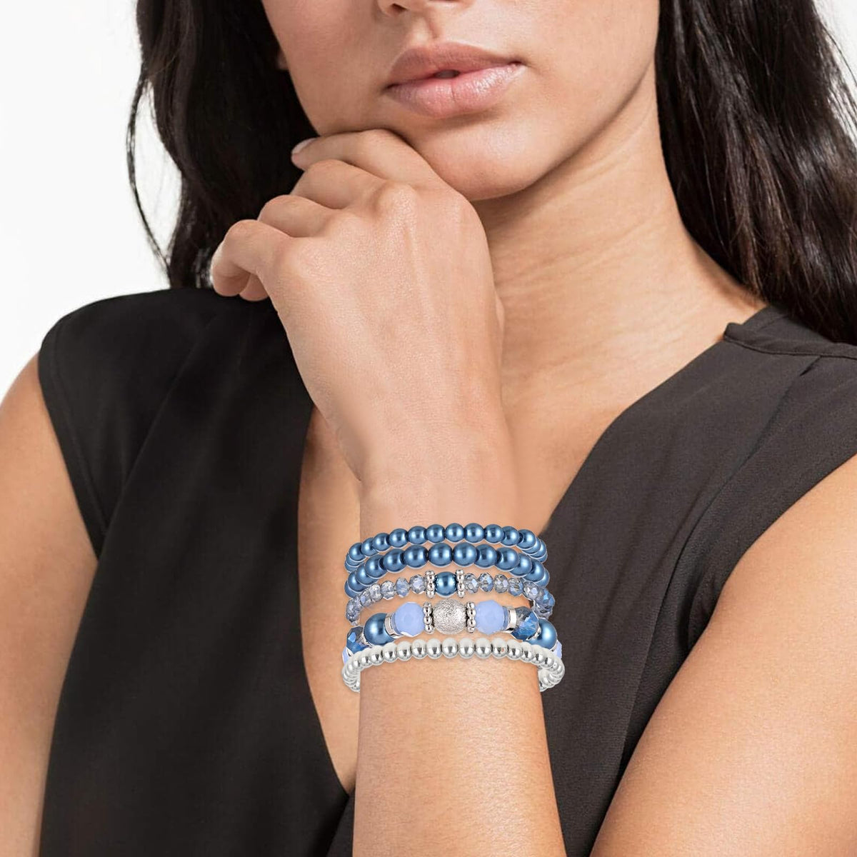 DIVINA VITAE 5 Pcs Beaded Stretch Bracelets Blue Stackable Bracelets Crystal Bead Bracelet Boho Beaded Bracelets Stretch Layering Crystal Stone Beaded Bracelets Trendy Costume Jewelry Gifts for Women
