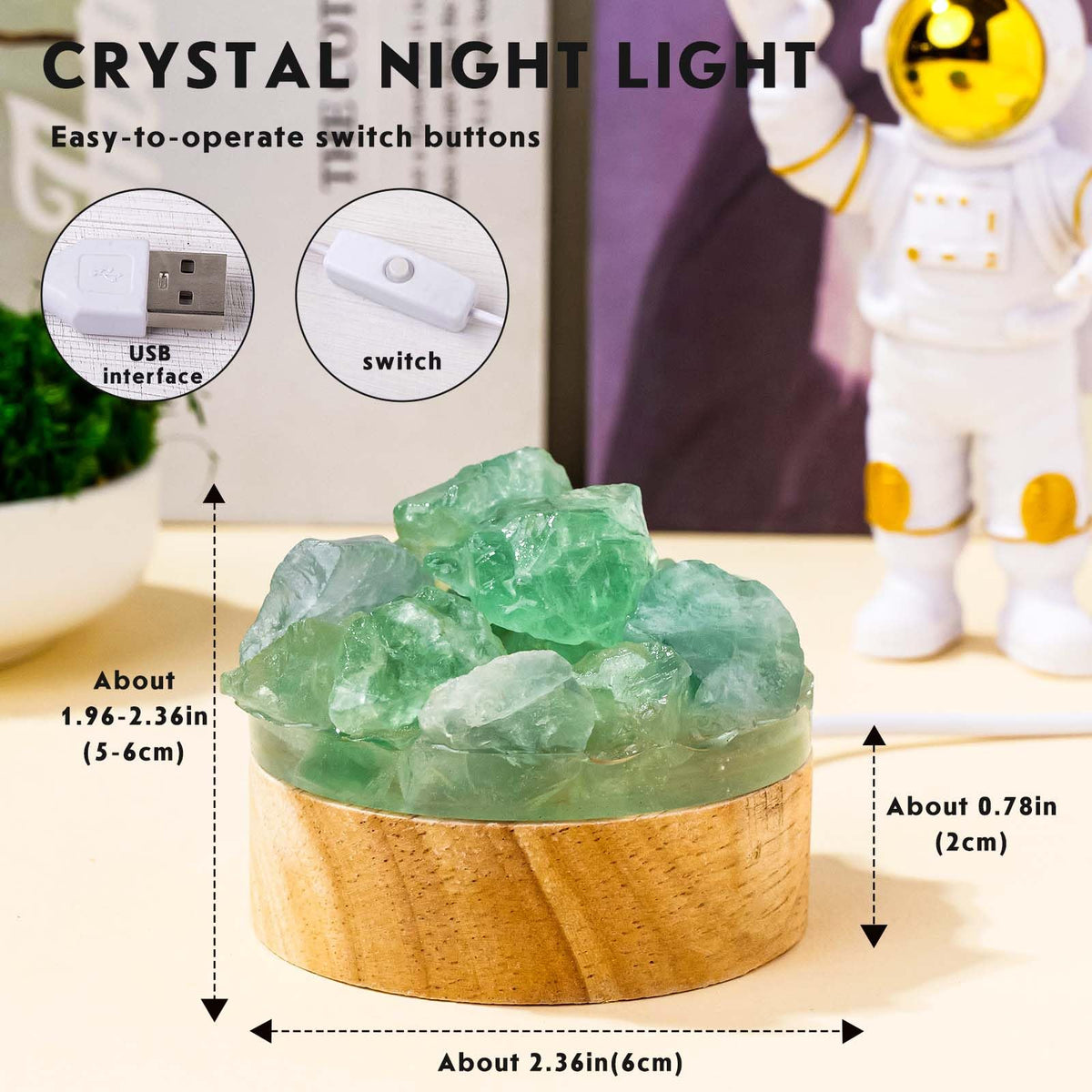 Runyangshi Fluorite Night Light with Natural Raw Green Crystal - USB Powered Focus Lamp for Study, Office, Meditation, Healing Crystal Decor with Wood Base, Clarity & Learning Aid