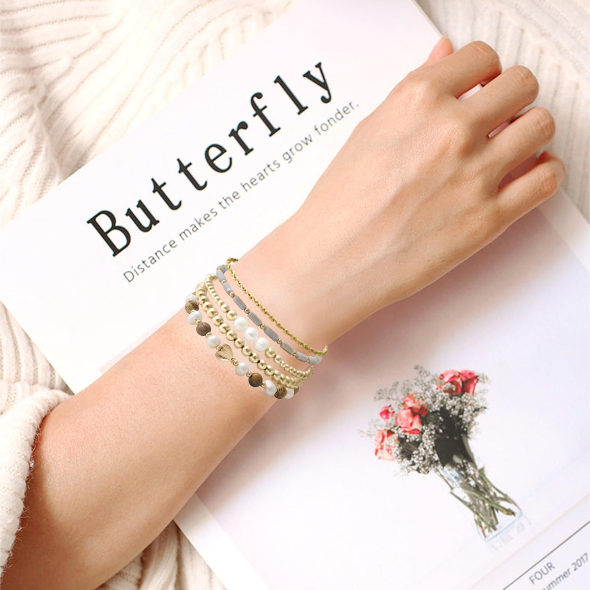 GOOJIDS Tiny Pearl Gold Plated Heart Beaded Bracelets For Women Dainty Gold Plated Pearls Stack Layered Beads Bracelet set for MAMA Birthday Mother's Day