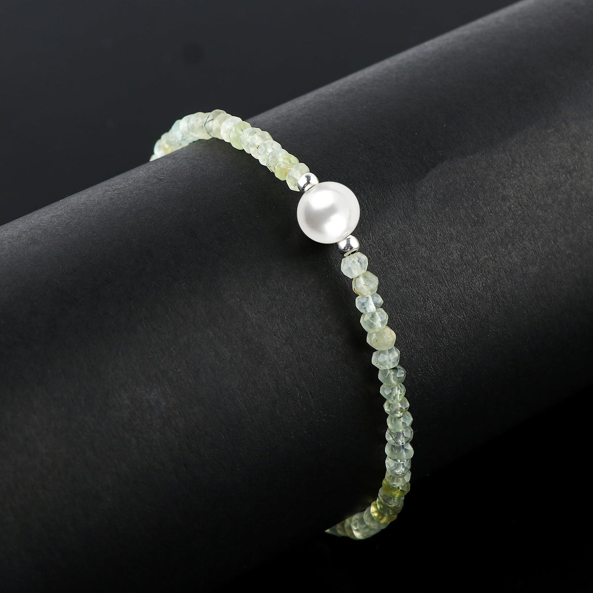 CRYSTALINES Natural Prehnite Gemstone Bolo Bracelet & Pearl, Faceted Beads Stones, Handmade Boho Hypoallergenic Jewelry, Healing Crystals, Silver Adjustable Chain 6+4inch, Minimalist Trendy Gifts