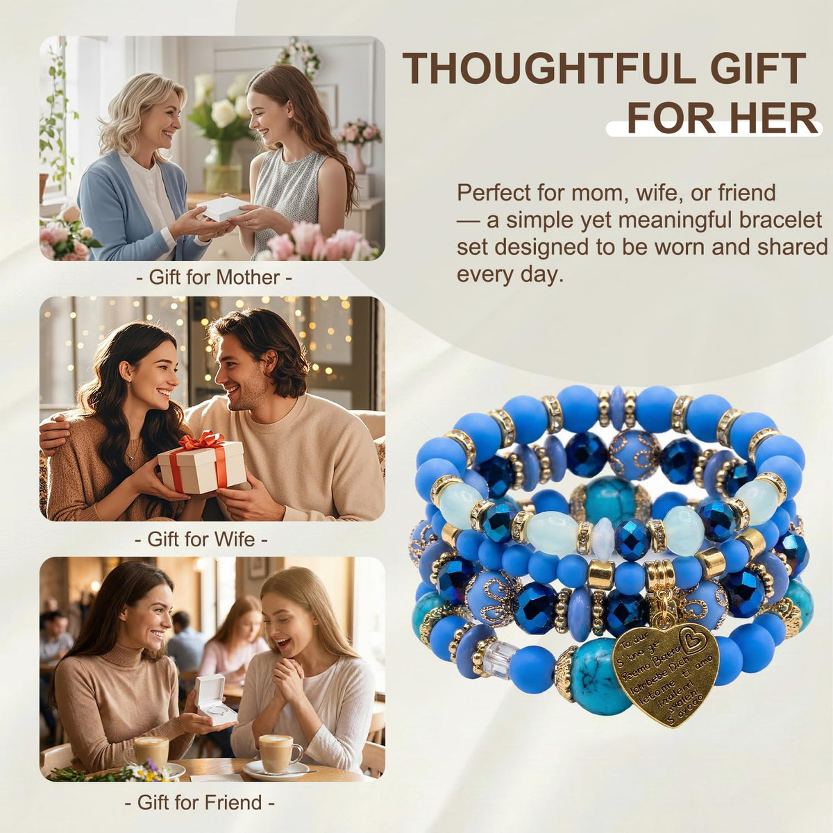 Ysenchan Bohemian Bracelet Set for Women, 4 Pcs Beaded Stackable Bracelets with Heart Charm, Stretch Bracelets, Boho Jewelry Gift – [Blue]