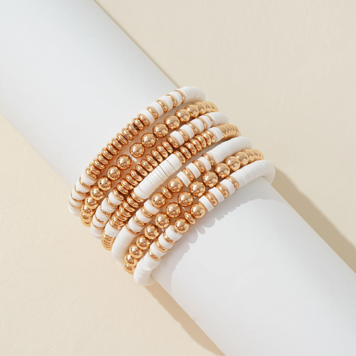 GOOJIDS Surfer Heishi Clay Bead Bracelets for Women Bohemian Stackable Gold Plated Beaded Stretch Bracelets Elastic Layering Friendship Bracelets Set Boho Jewelry