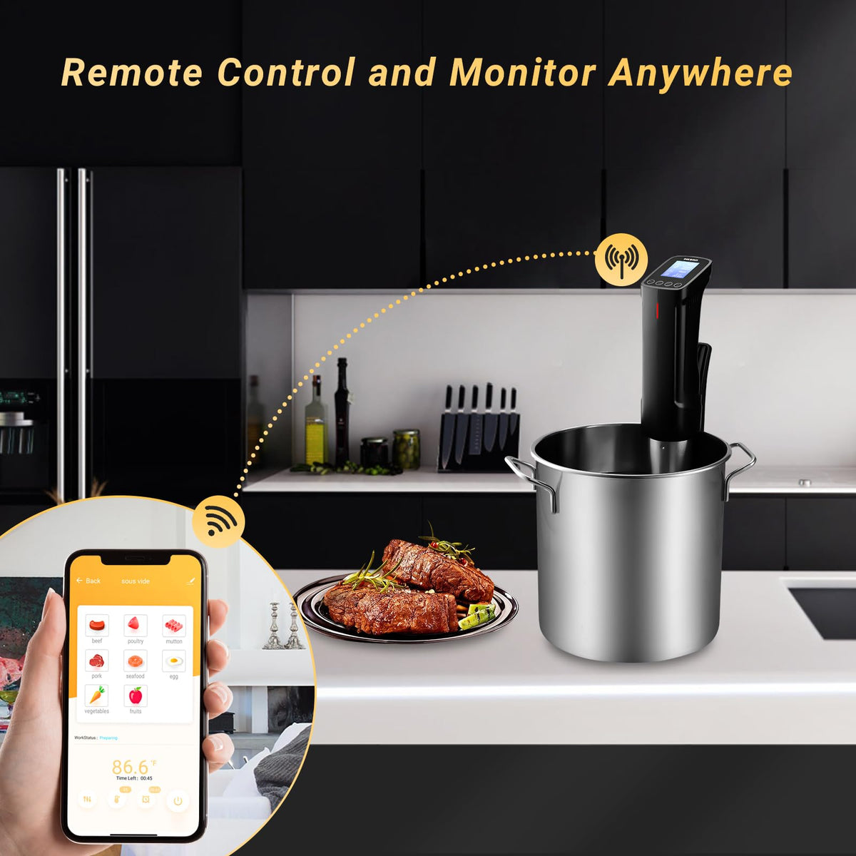 INKBIRD WIFI Sous Vide Cooker ISV-100W, 1000 Watts Sous Vide Machine Immersion Circulator with 14 Preset Recipes on APP & Calibration Function, Thermal Immersion, Fast-Heating with Timer