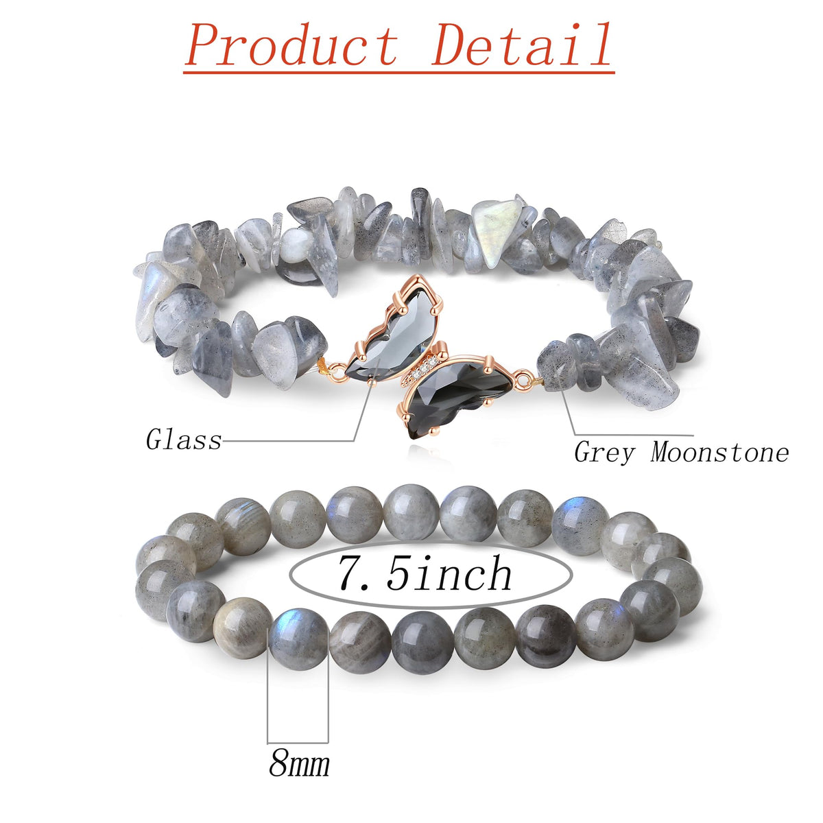 DUQGUHO 2Pcs Butterfly Bracelets for Women Grey Moonstone Bracelet Gift for Women Healing Crystal Bracelet Natural Gemstone Stretchable Jewelry 8mm Crystal Beaded Bracelet Gift for Birthday