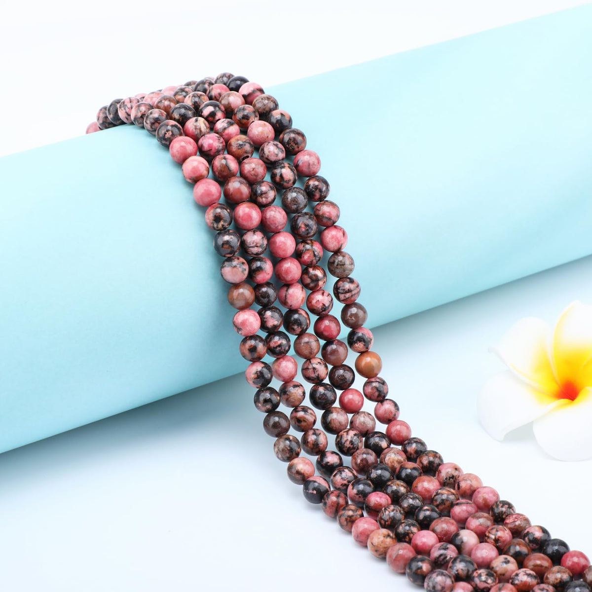 CMBYN Natural Stone Beads Round Genuine Real Stone Beading Strand Loose Gemstones DIY Smooth Bead for Bracelet Necklace Earrings Jewelry Making (Pink Black Rhodonite, 6mm 60 Pieces)