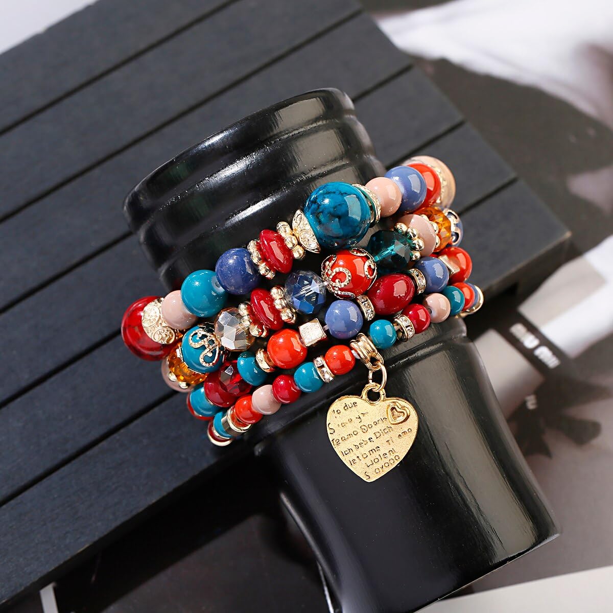 Jewellify Women Beaded Bracelet Set - Colorful Boho Stackable Design with Crystal Accents Bangle stretch Bracelet - Trendy Fashion Bracelets Jewelry for Women (Red)