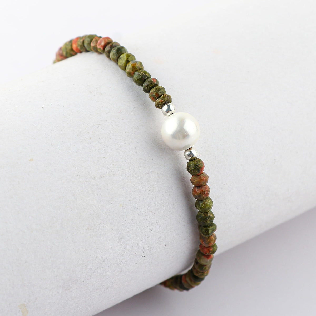 CRYSTALINES Natural Unakite Gemstones Beads Bolo Bracelets with Pearl, Handmade, Beaded Bracelet, Real Crystals Jewelry, Women Bracelet, Silver Plated Adjustable Chain- 6+4inch, AAA Grade