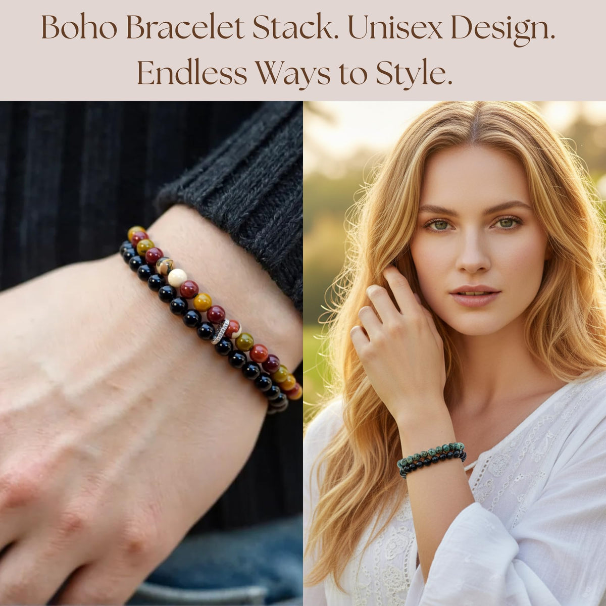 Atminafays 6MM Stackable Healing Bracelet - Mookaite Jasper, Tiger's Eye & African Turquoise with Silver Sheen Obsidian Beads | Adjustable Handwoven Cord | Boho Chic Spiritual Jewelry for Men & Women (Calm & Luck)