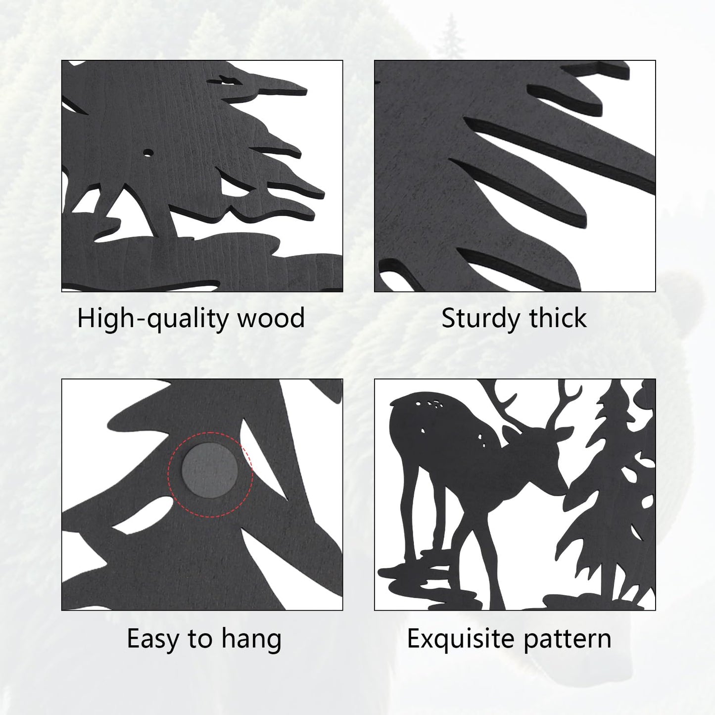 OYEFLY 5 Pieces Deer Bear Pine Tree Wall Decor,Rustic Wood Art Wall Decor (Black)