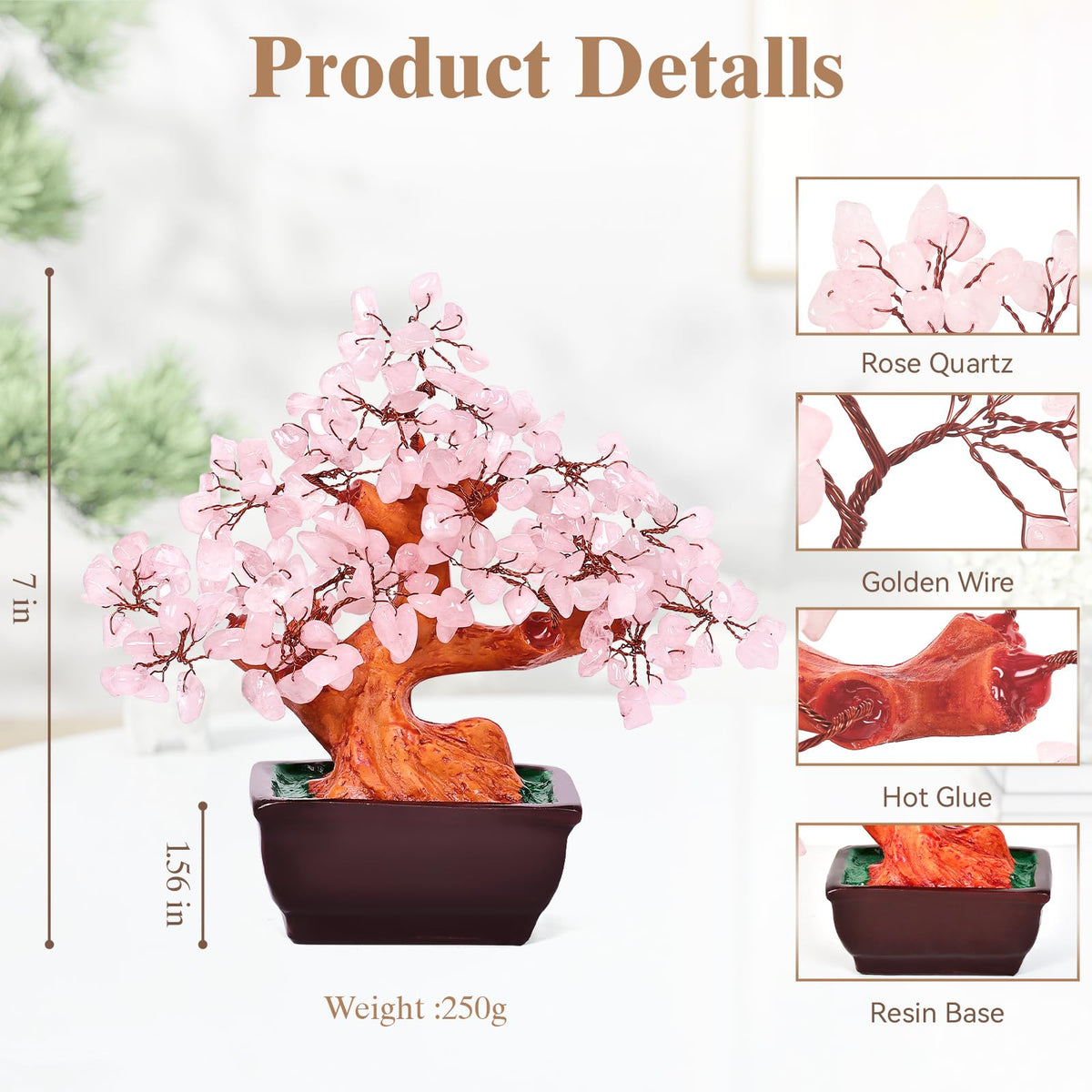 AzureLeap Feng Shui Natural Rose Pink Quartz Crystal Money Tree Bonsai Style Decoration for Wealth and Luck (Pink)