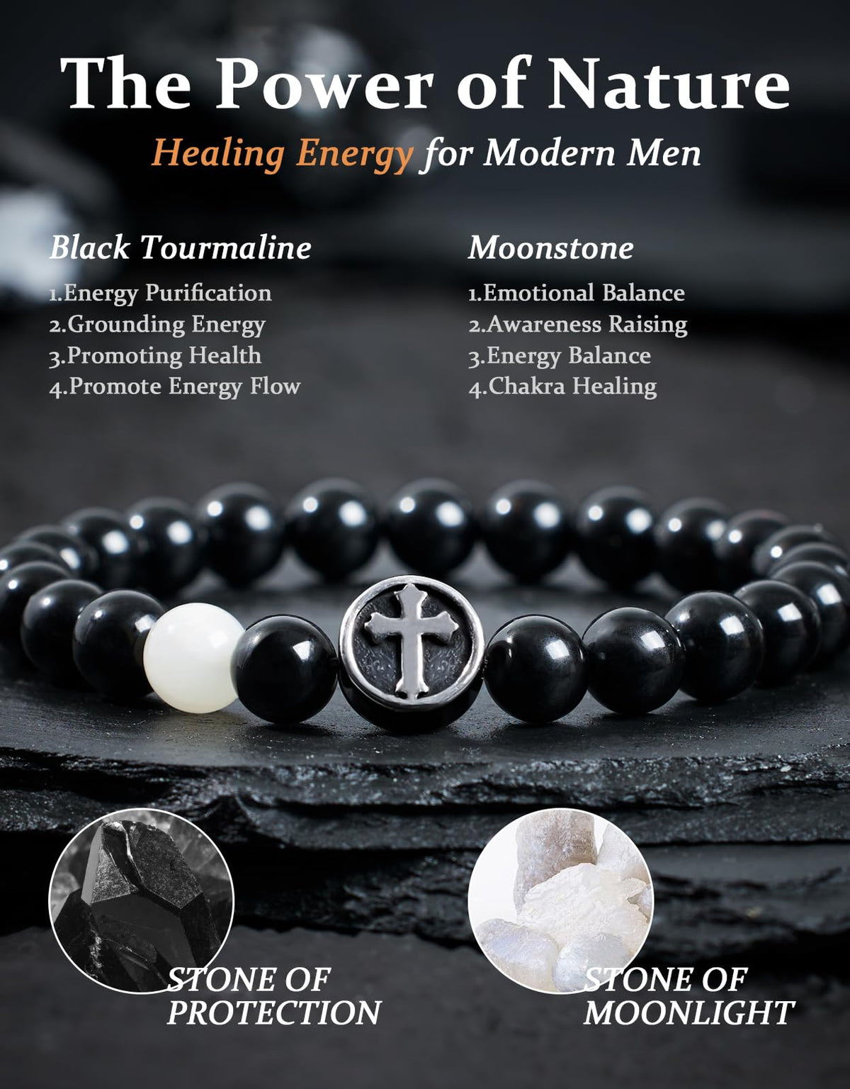 Landorilo Gifts for Men, 8mm Cross Natural Stone Beaded Bracelets, Black Tourmaline Healing Bracelet, Handmade Mens Jewelry Gift for Him, Husband, Son, Father, Friend(To My Son-8.3in)