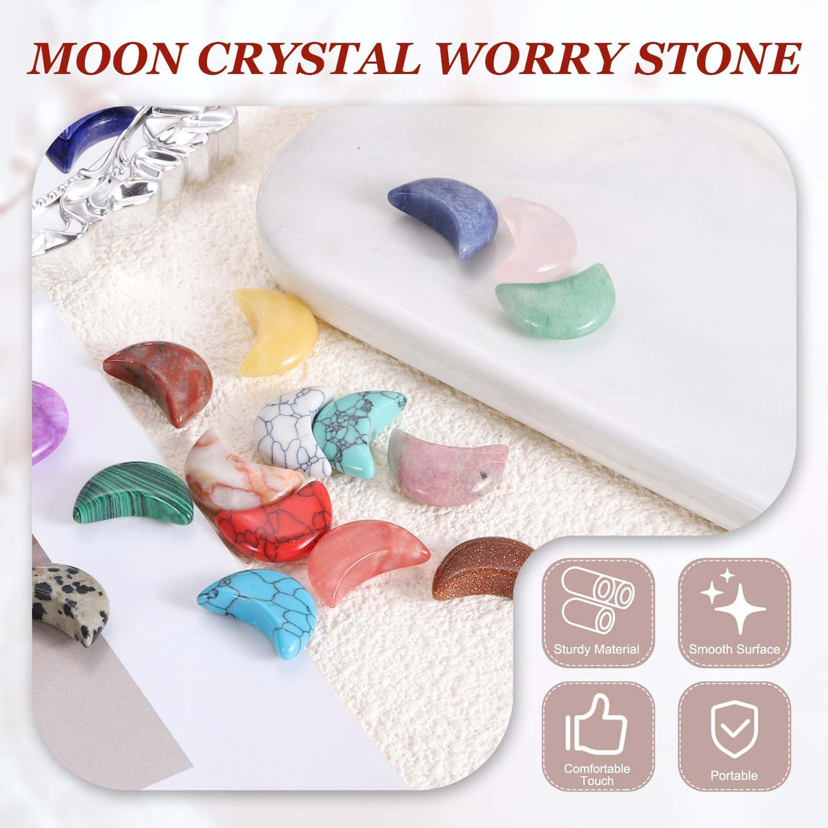 MECCANIXITY 10 Pcs Moon Crystal Worry Stone, 0.5 Inch Length Natural Purple Lepidolite Moon Gemstone Bulk, Carved Pocket Stones for Meditation Balancing Pendant Decor