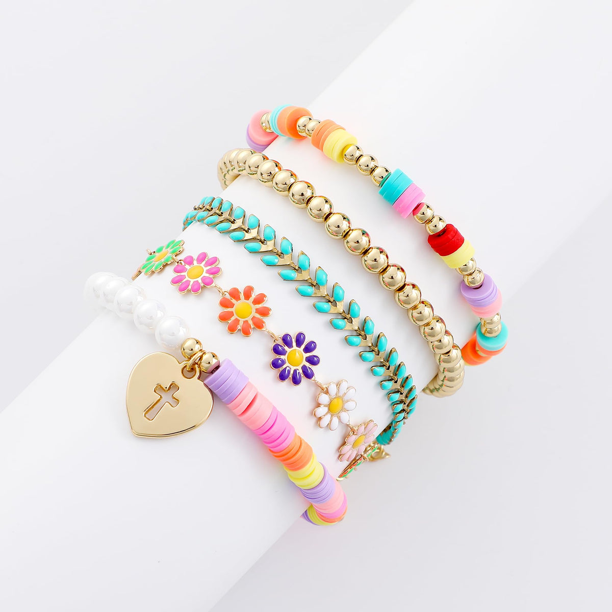 RISHEGAE Cross Beaded Stretch Bracelets for Women Easter Stackable Gold Polymer Clay Beads Bracelets Friendship Boho Summer Beach Bracelet Jewelry Set