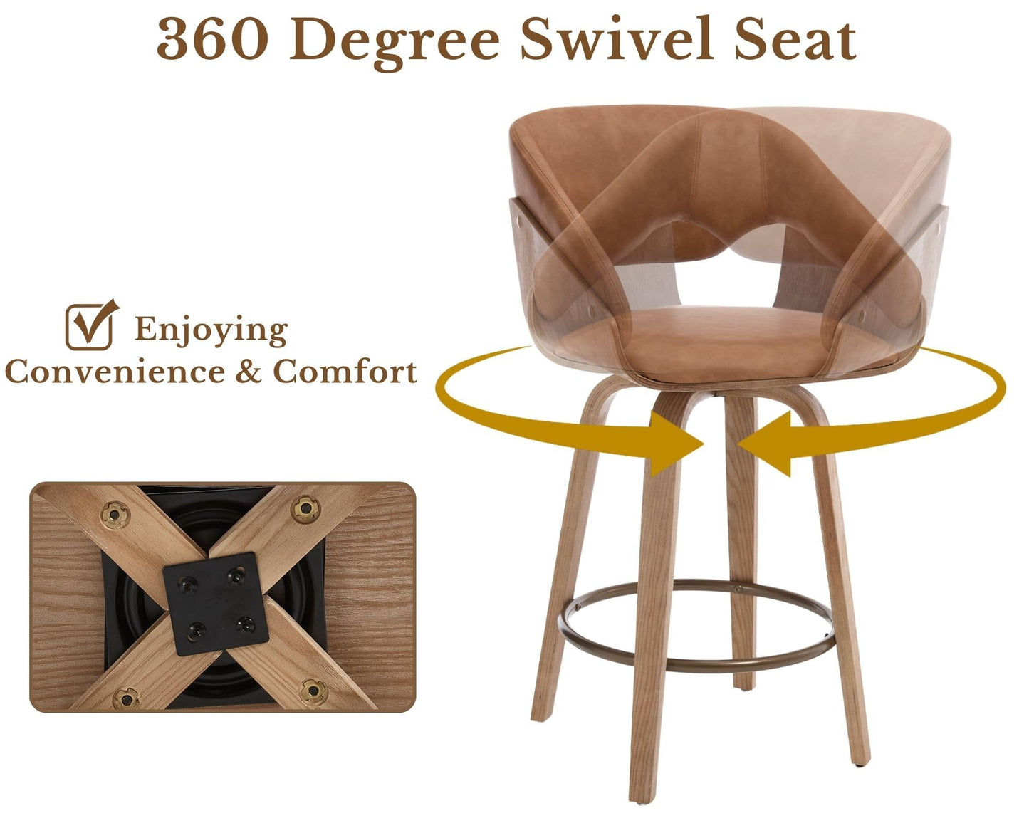 HNY 26 Inch Swivel Bar Stools with Back Set of 4, Brown Faux Leather Upholstered Counter Height Barstools with Solid Bentwood Frame, Round Footrest, Modern Barrel Counter Stools for Kitchen Island