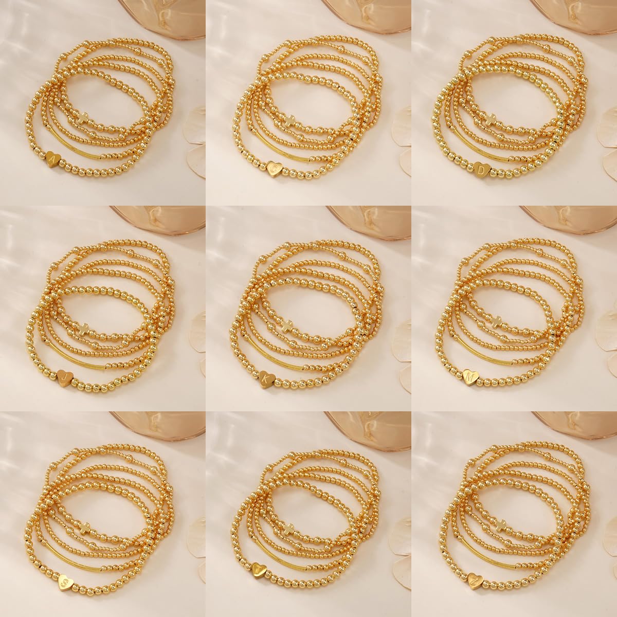 14K Gold Cross Beaded Initial Bracelet Stack for Women,Dainty Stretch Gold Plated Letter “M” Stackable Bracelets Bohemian Layered Prom Party Accessories Jewelry Gift Friendship